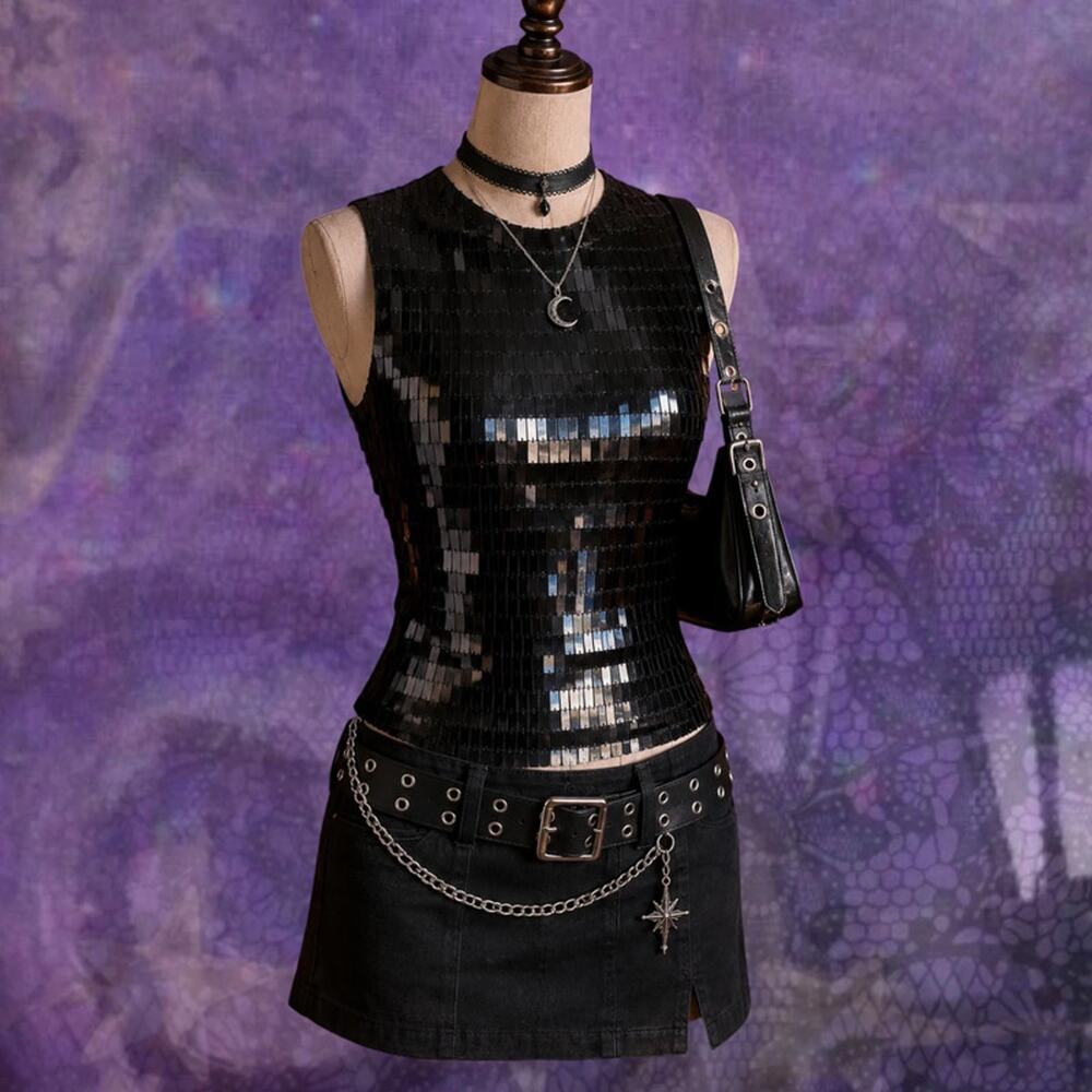 Black Silk Palette Top 90s Y2K Mirror Sequin Top